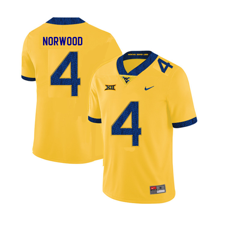 NCAA Men's Josh Norwood West Virginia Mountaineers Yellow #4 Nike Stitched Football College 2019 Authentic Jersey YE23A66CZ